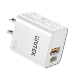  P1124AWH01-EU, UNITEK, Power Supply, 20W 2-Port Wall Charger (USB-A QC + USB-C PD), White.